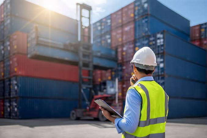 Container cranes and yard at a modern port